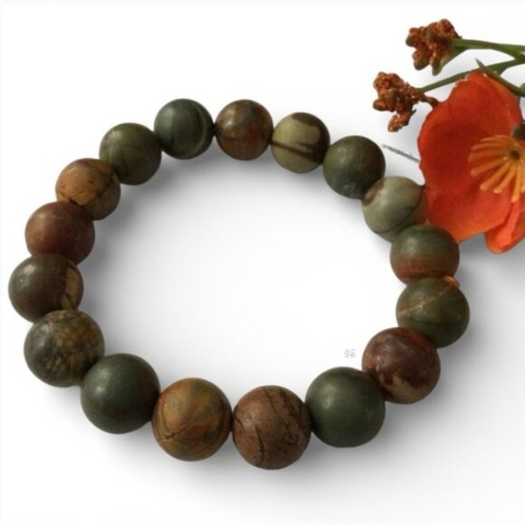 Handmade Natural Matte Picasso Jasper Beaded Bracelet, 10mm Sz 7.5 - 8" - Picture 9 of 11